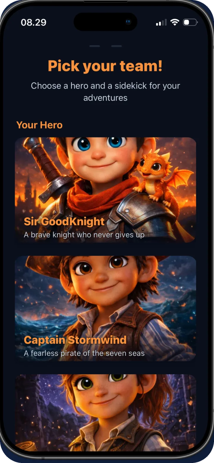 Hero selection screen — pick your hero and sidekick