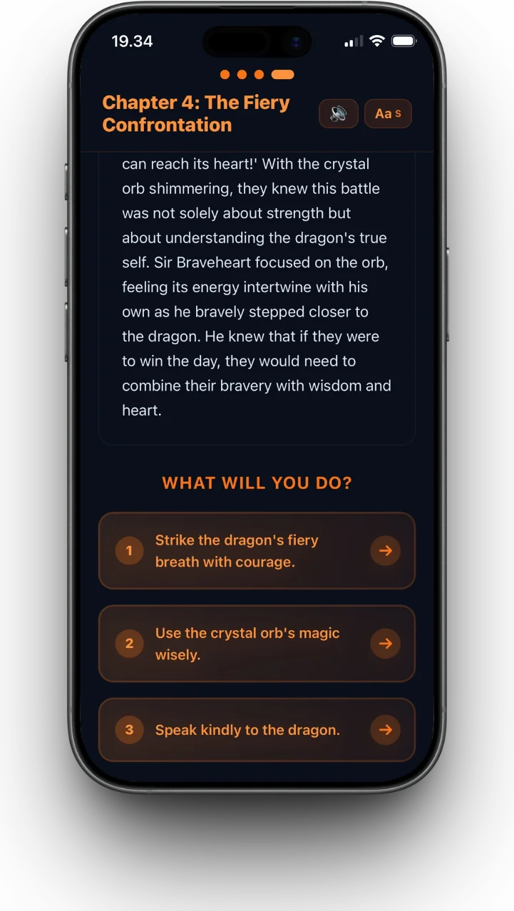 Story screen showing narrative text and choice buttons